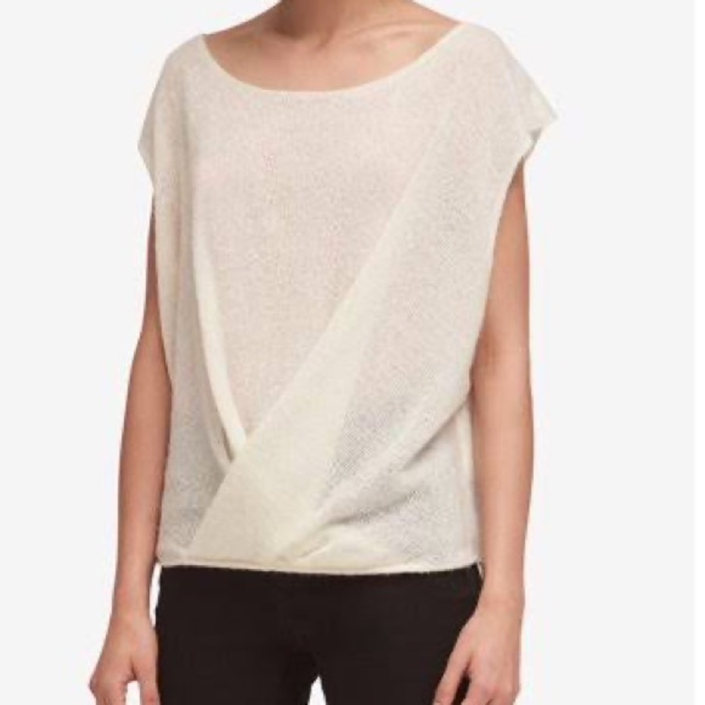 DKNY Womens Drape Front Ivory Sweater Top Twist Hem Large Open Knit Sleeveless